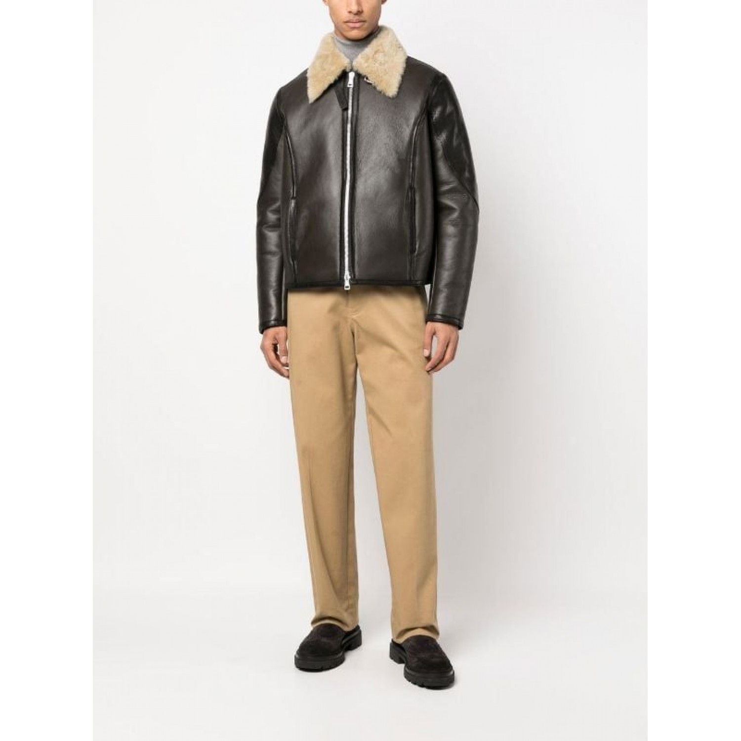 shearling-collar leather pilot jacket