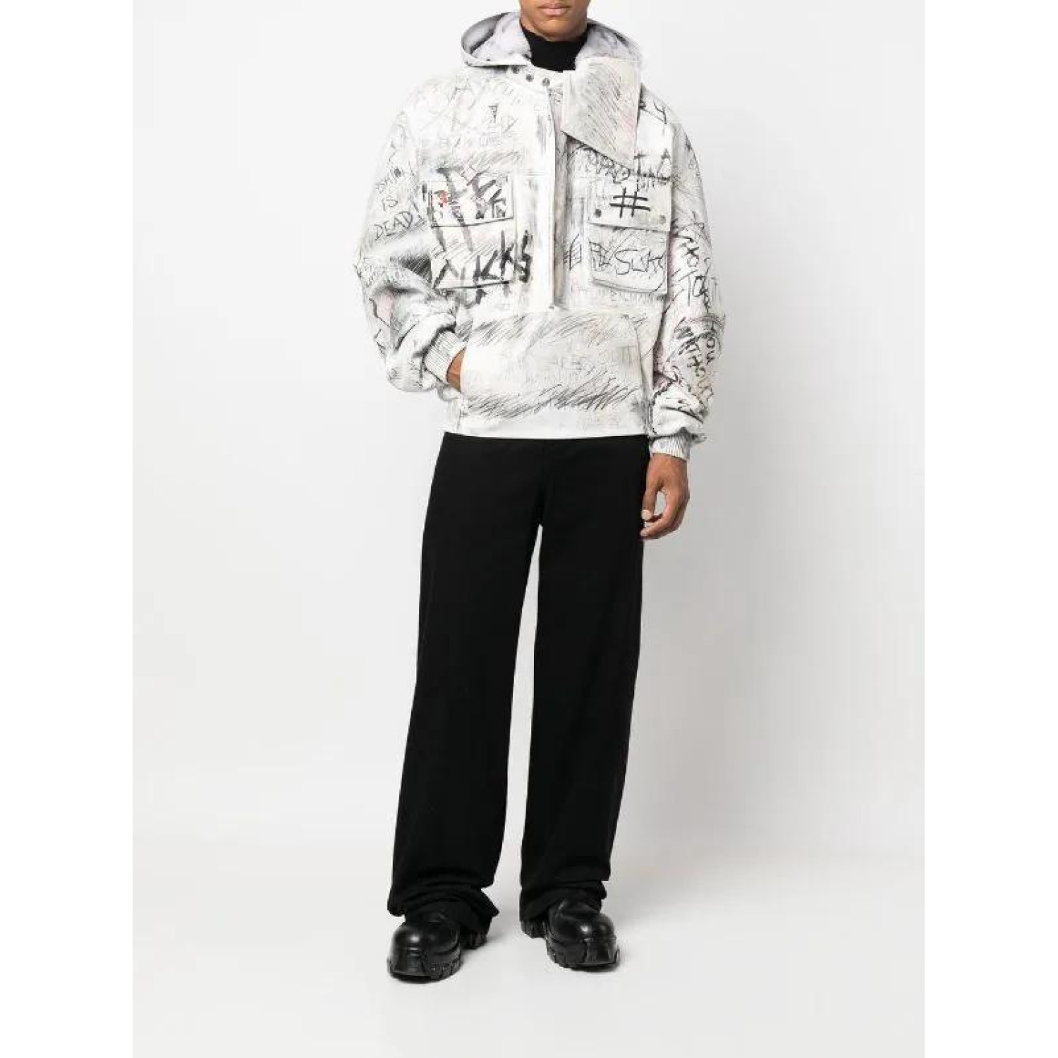 graffiti-print aviator leather jacket