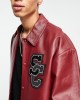 men's oversized real leather varsity harrington jacket in burgundy