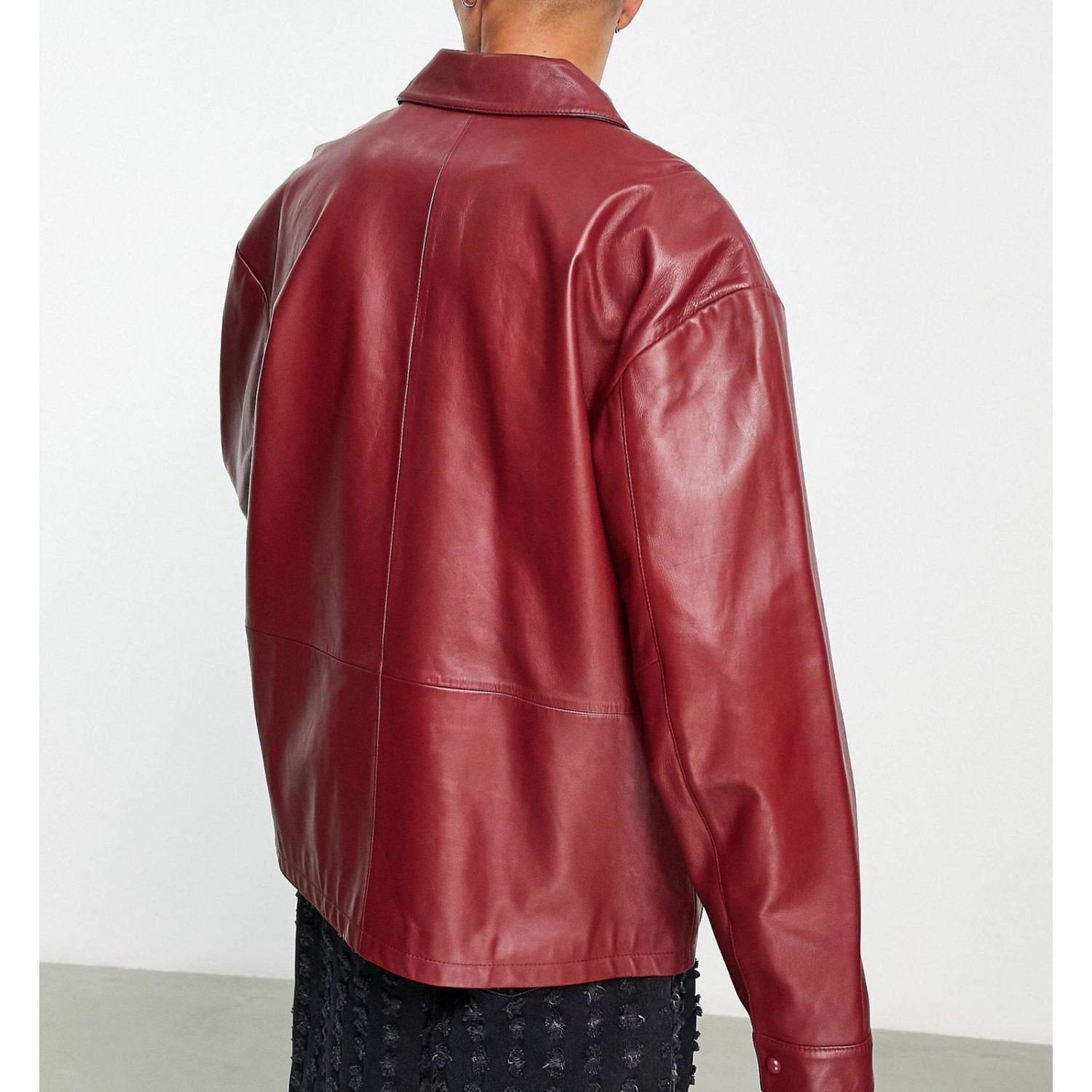 men's oversized real leather varsity harrington jacket in burgundy