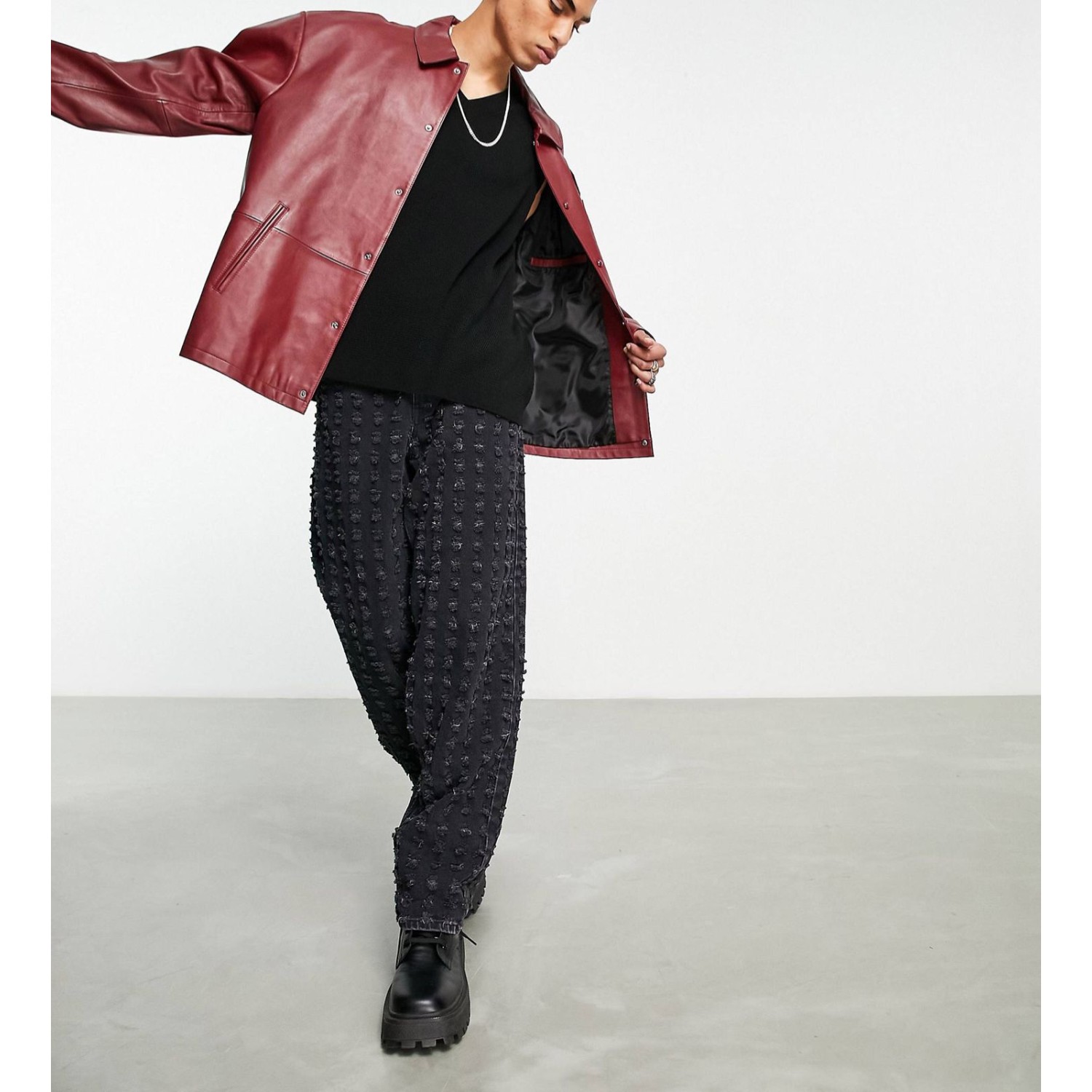 men's oversized real leather varsity harrington jacket in burgundy
