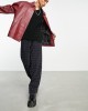 men's oversized real leather varsity harrington jacket in burgundy