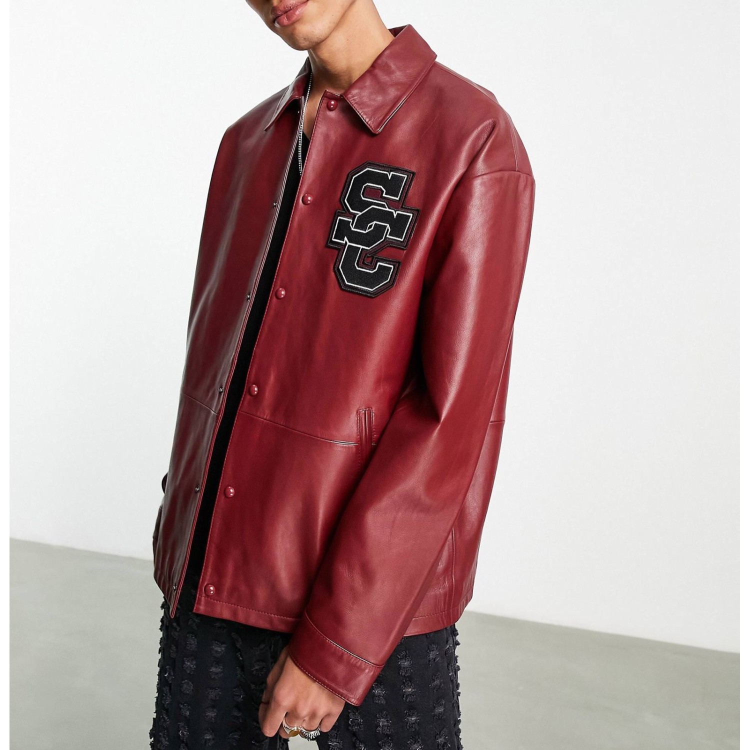men's oversized real leather varsity harrington jacket in burgundy